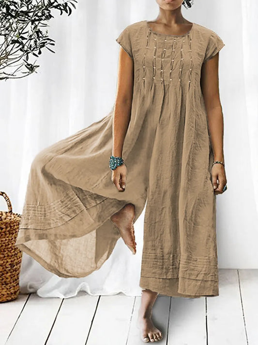 Solid Color Art Casual Short-Sleeve Cotton Linen Jumpsuit