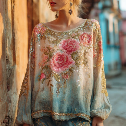 Boho Vintage Sequin Floral Embroidery Gradient Linen Shirt