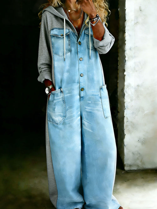 Stylish Patchwork Denim One Piece Hoodie Jumpsuit