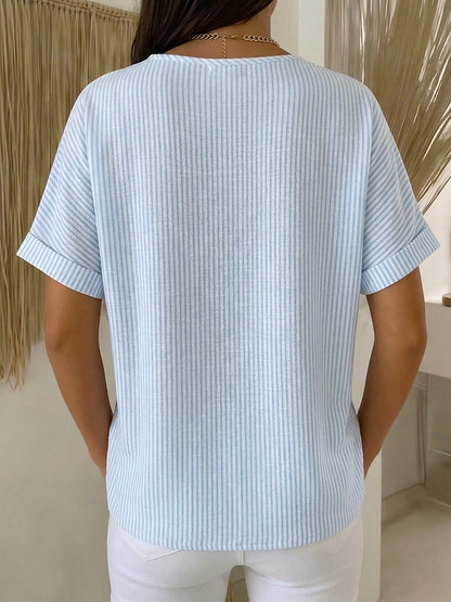 Artistic Cut Striped Cotton-Linen Shirt Blouse