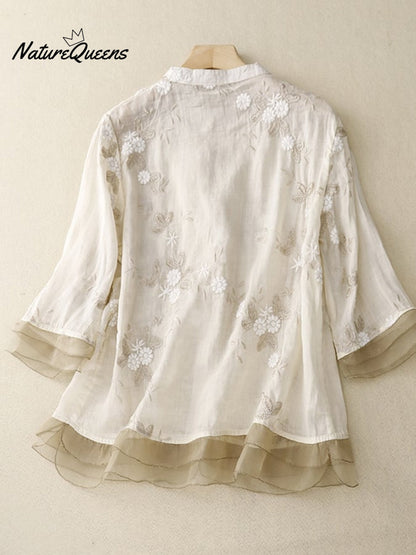 Art Retro Embroidery 3/4-Sleeve Patchwork Shirt