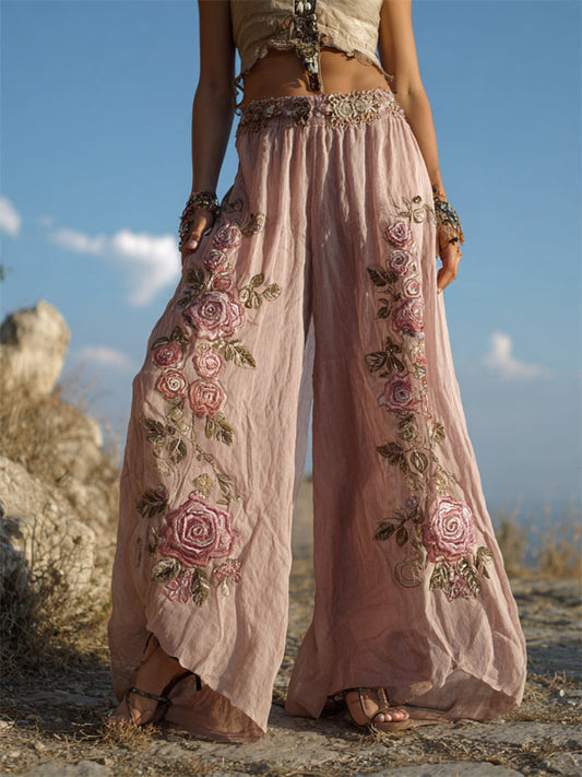 Vintage Pink Roses Embroidered Flowy Wide-Leg Linen Pants