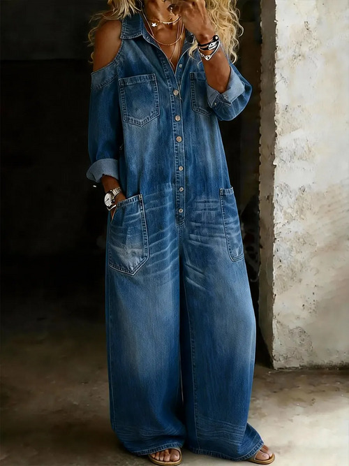 Casual Off-Shoulder Denim Jumpsuit