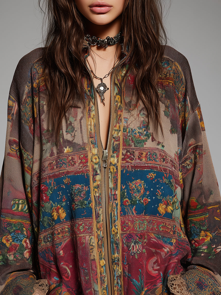 Bohemian-Style Printed Blouse with a Front Zipper and Lace Trim