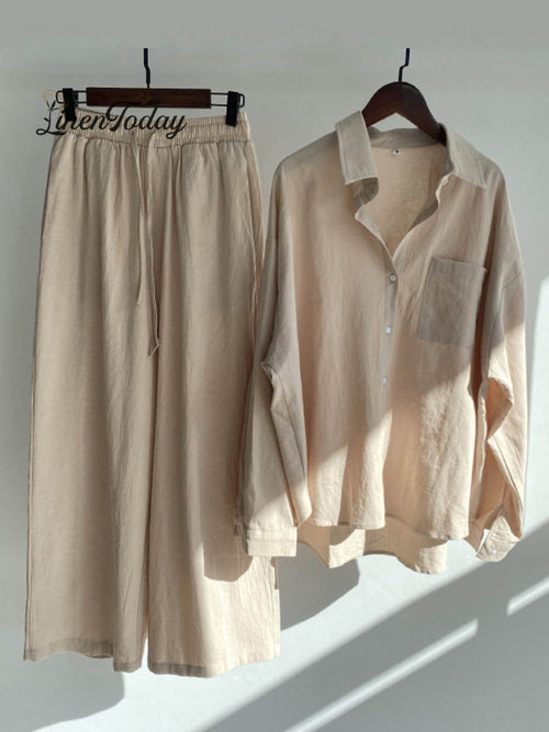 Solid Color Loose Elegant High Waist Casual Cotton and Linen Suit