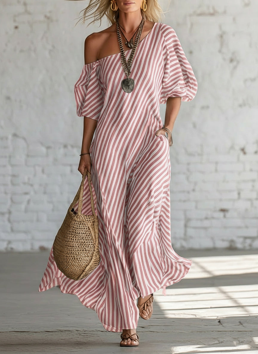 Elegant and Classic Striped Off-Shoulder Maxi Dress