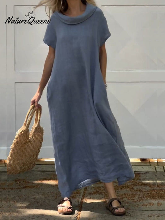 Turndown Collar Linen Pocket Dress