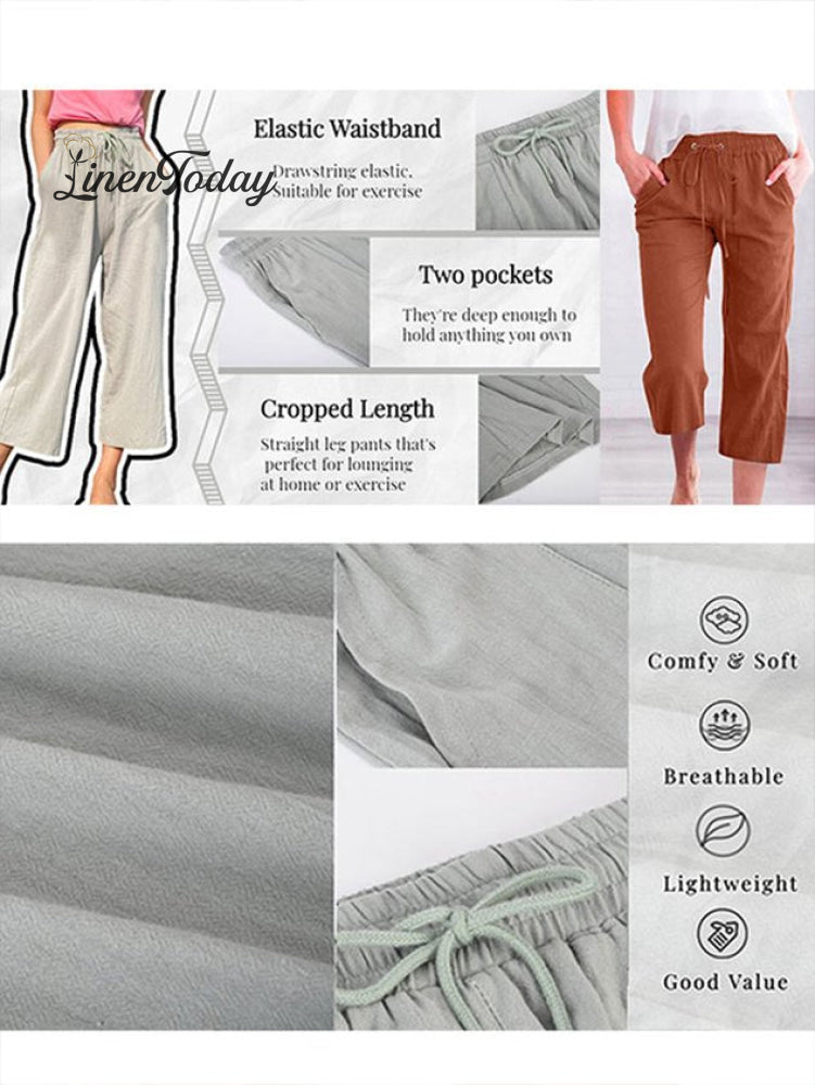 Casual Summer Linen Pants High-Waisted Loose Yoga Sweatpants Crop Pants with Pockets