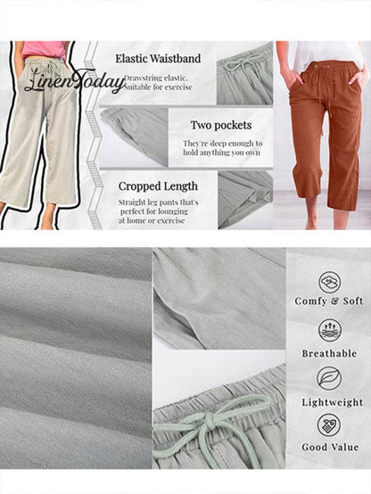 Casual Summer Linen Pants High-Waisted Loose Yoga Sweatpants Crop Pants with Pockets