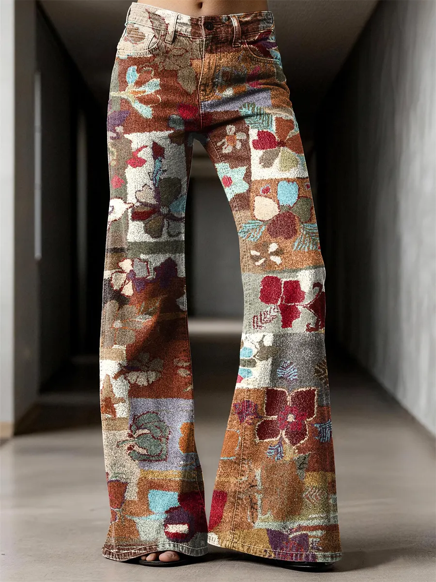 Retro Multicolor Pattern Art Print Casual Flared Jeans