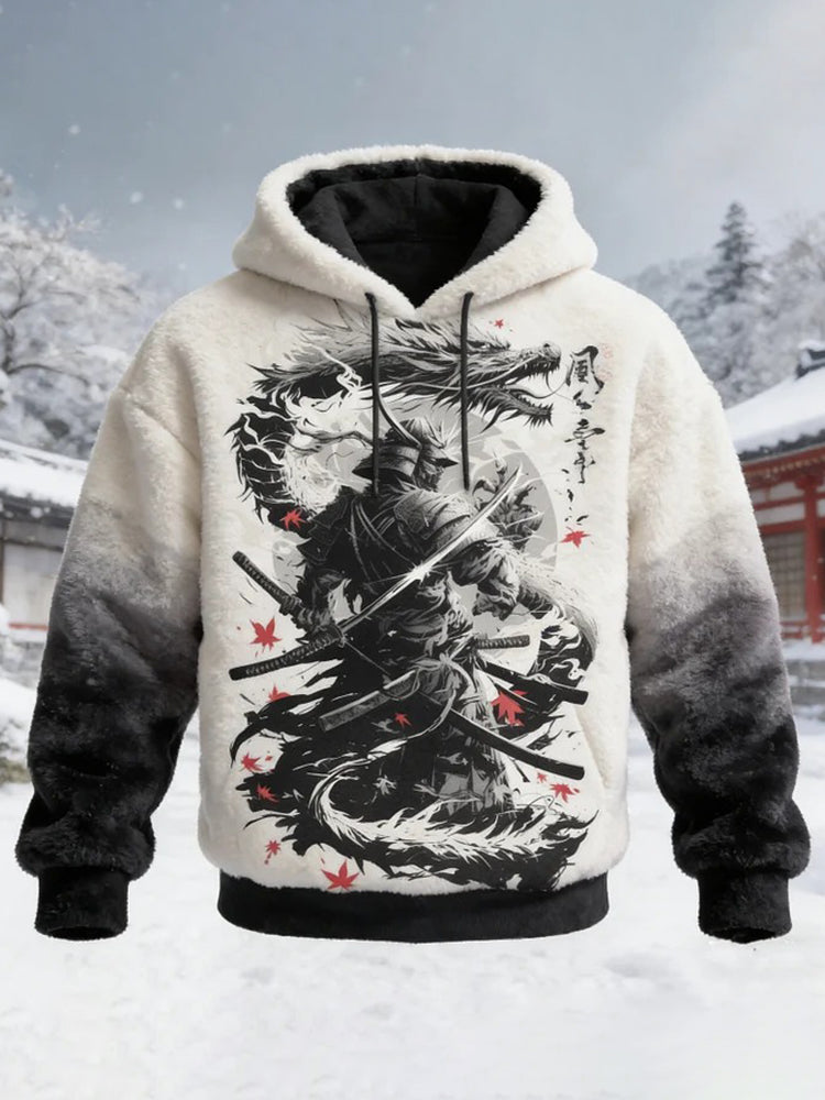 Men's Dragons and Samurai Japanese Ink Art Print Casual Flannel Hoodie