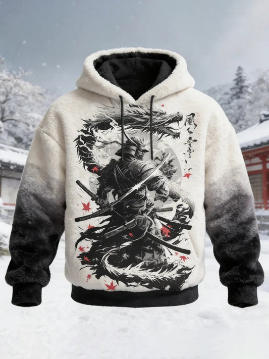 Men's Dragons and Samurai Japanese Ink Art Print Casual Flannel Hoodie