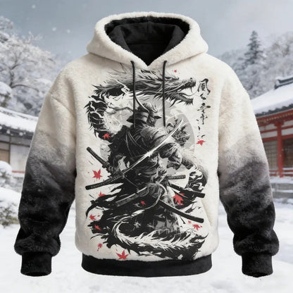 Men's Dragons and Samurai Japanese Ink Art Print Casual Flannel Hoodie