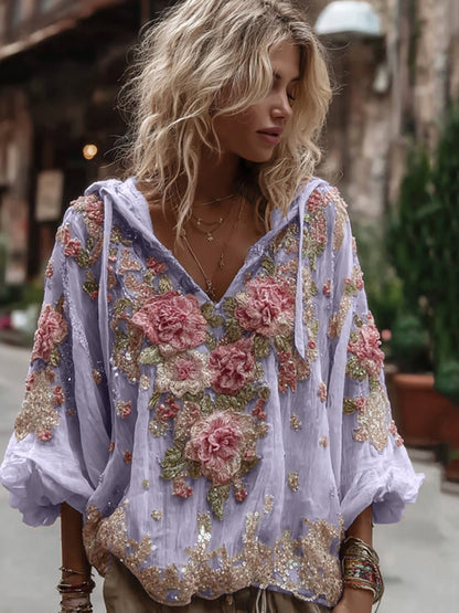 Vintage Floral Embroidery Warm V-Neck Hoodie