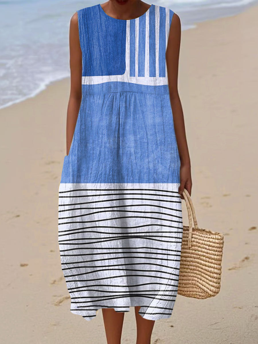 Vintage Abstract Geometry Art Print Sleeveless Cotton Pocket Wrap Dress