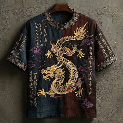 Men's Vintage Japanese Calligraphy Dragon Art Short-Sleeve Linen Blend T-Shirt