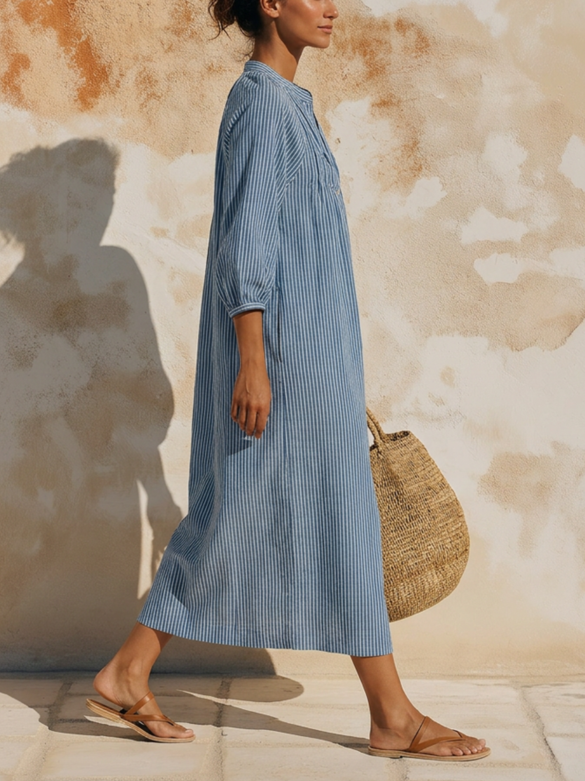 Blue and White Striped Linen Blend Midi Dress