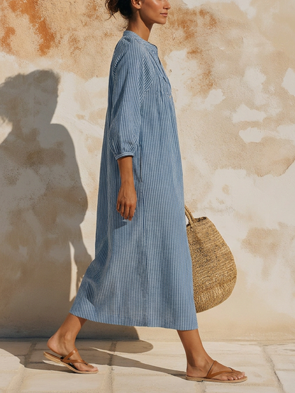 Blue and White Striped Linen Blend Midi Dress
