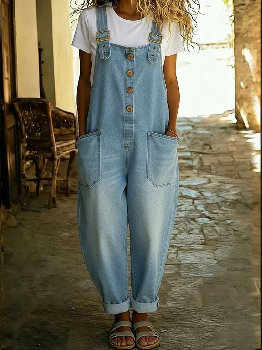 Casual Denim Jumpsuit with Adjustable Buckle