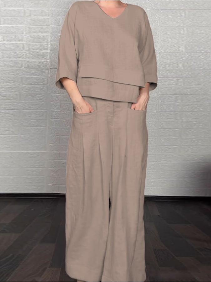 Casual Solid Color Irregular Cotton and Linen Shirt and Pats Suit