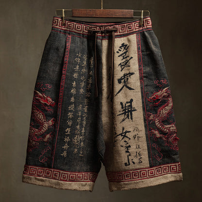 Men's Japanese Calligraphy and Dragon Art Linen Shorts