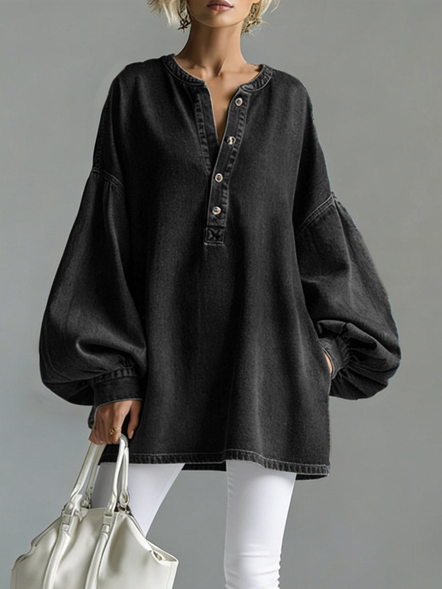 V-Neck Long-Sleeved Casual Loose Denim Top