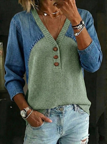 Retro Casual Denim and Cotton Knit Sweater