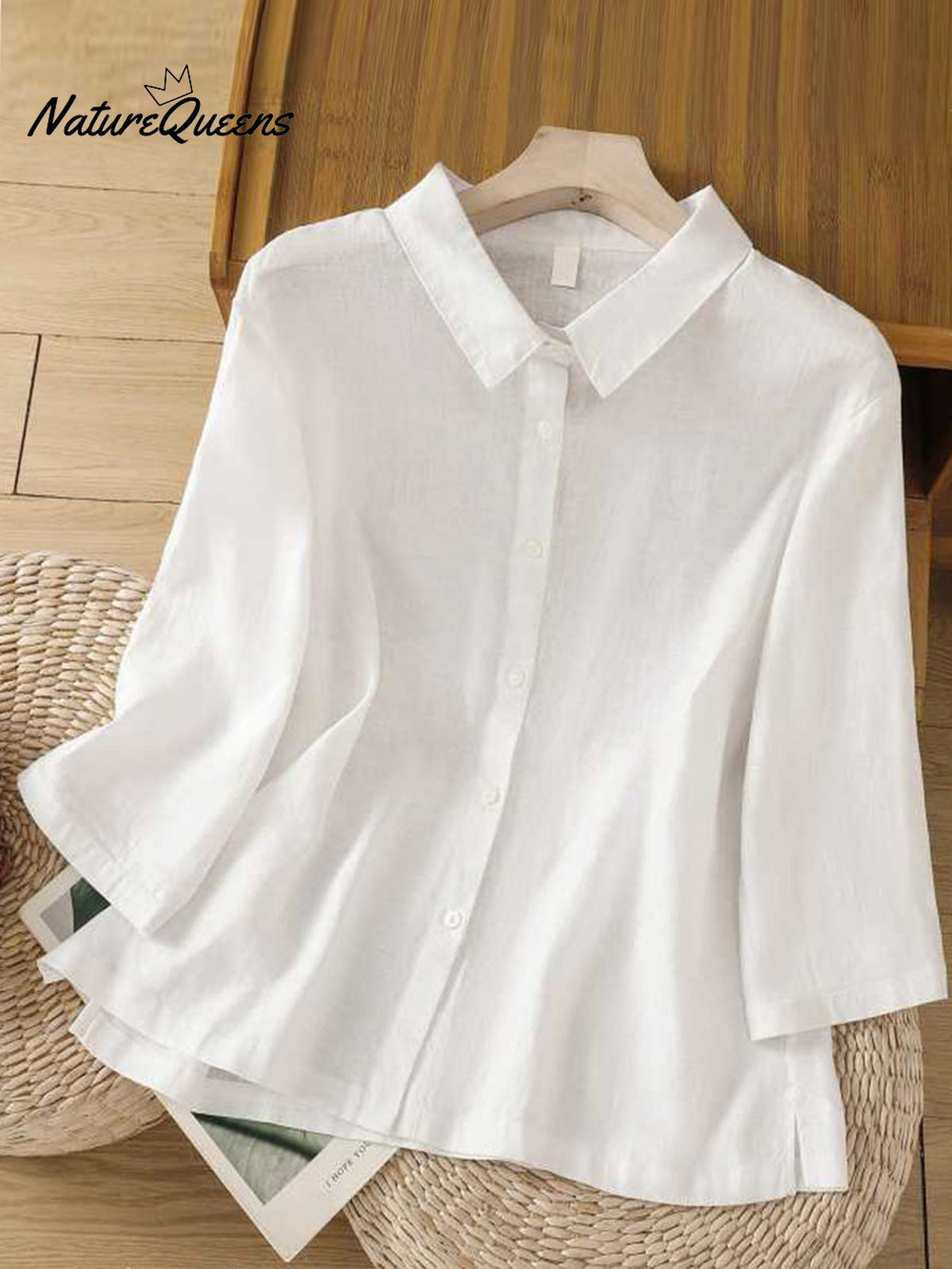 Solid Color Lapel 3/4 Sleeves Casual Linen Shirt