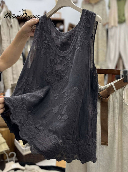 Vintage Lace Sleeveless Cotton and Linen Vest Top