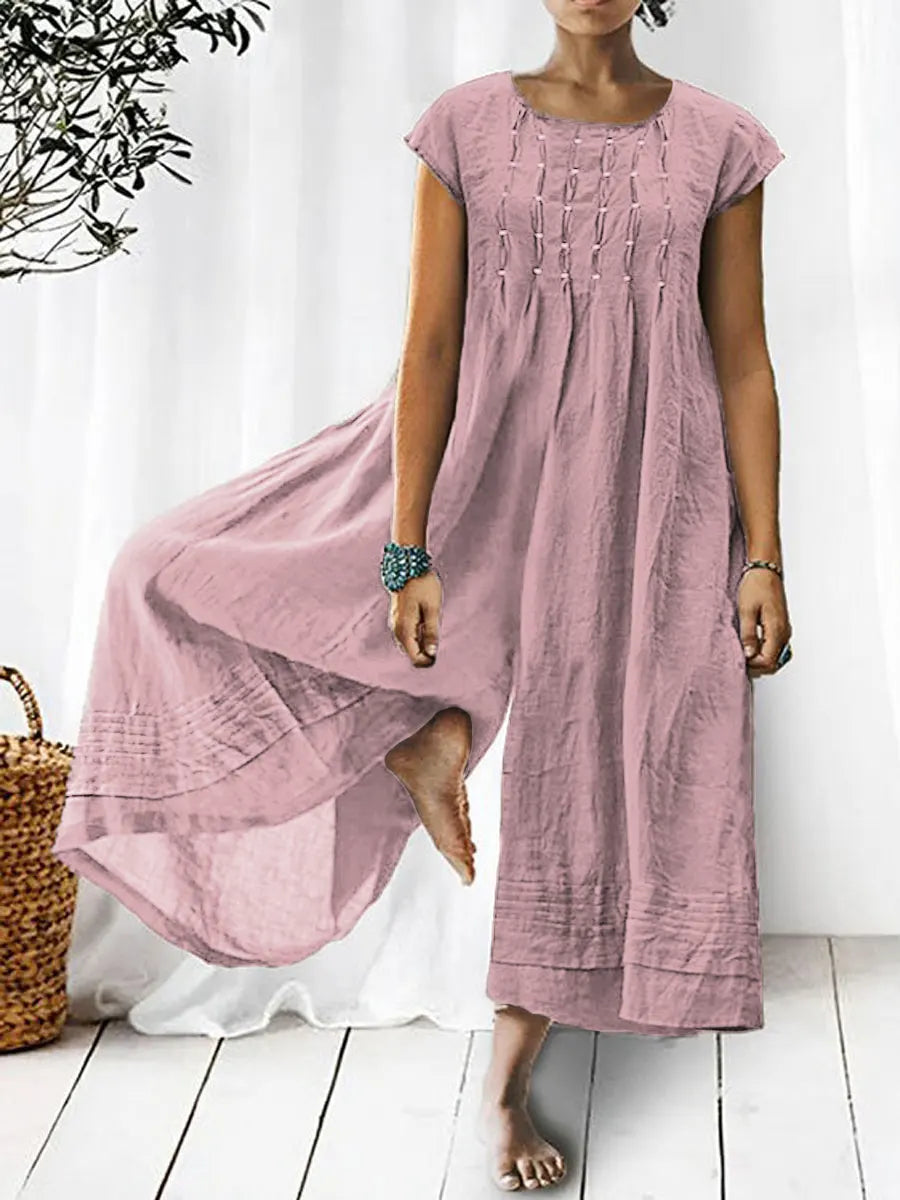 Solid Color Art Casual Short-Sleeve Cotton Linen Jumpsuit
