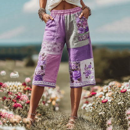 Patchwork Rose Floral Contrast Waist Elastic Pocket Shorts