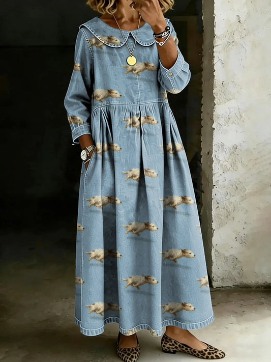 Retro Funny Cute Running Dog Splicing Long-Sleeved Loose-Fitting Casual Denim Dress