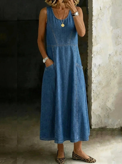 Retro Round Neck Sleeveless Casual Loose Denim Vest Dress