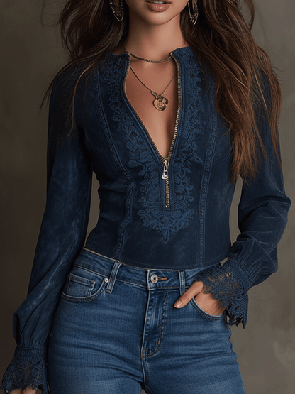 Bohemian Midnight Indigo Lace Zip-Up Shirt