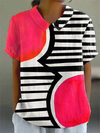 Vintage Abstract Geometry Print Casual Cotton and Linen 3/4-Sleeve Shirt