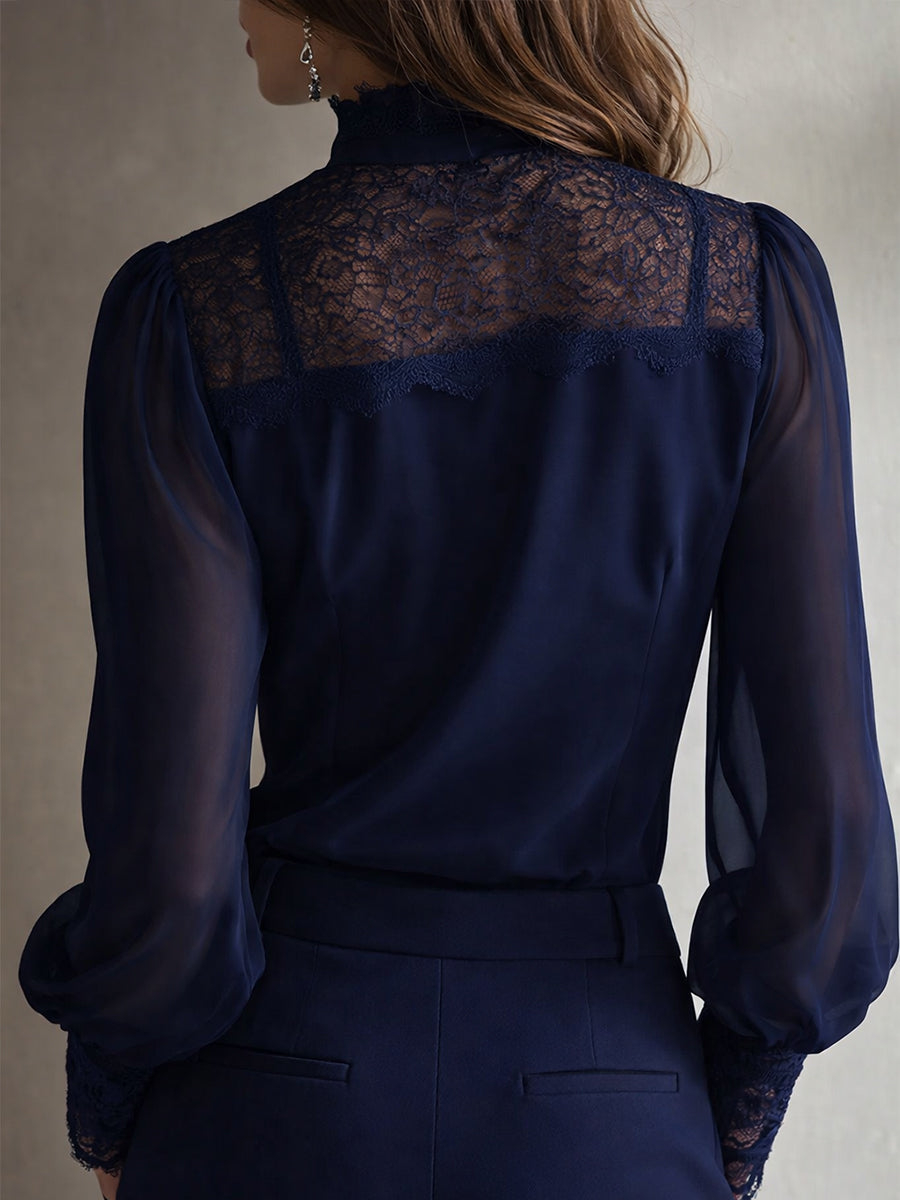 Retro Elegant Lace Stand-Up Collar Tie Neck Chiffon Blouse