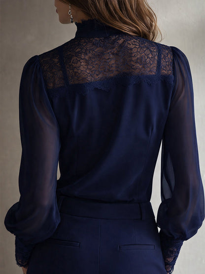 Retro Elegant Lace Stand-Up Collar Tie Neck Chiffon Blouse