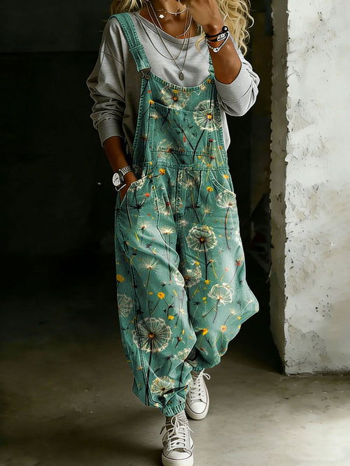 Dandelion Print Casual One Piece Denim Jumpsuit