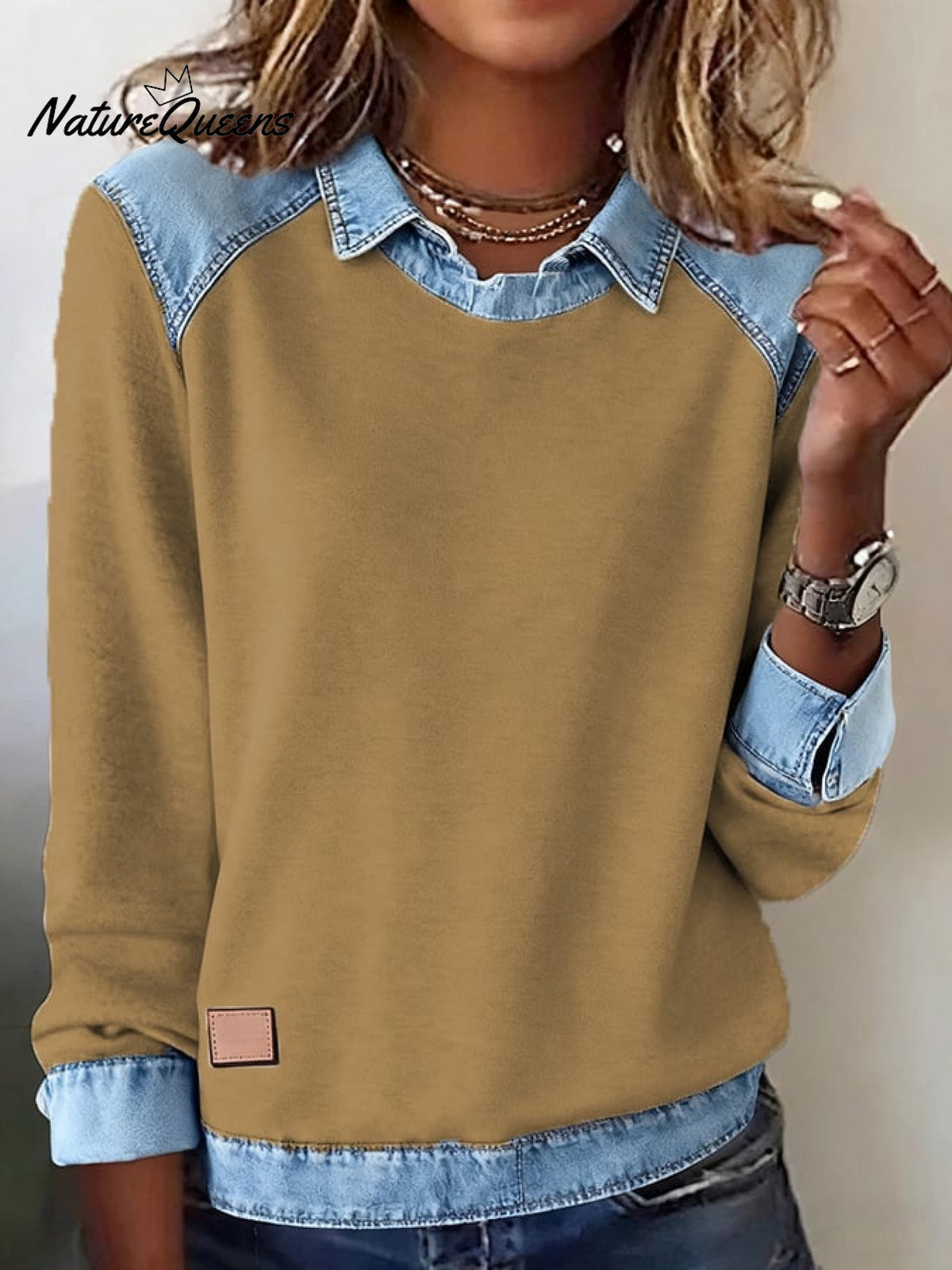 Casual Lapel Denim Stitching Pullover Sweatshirt