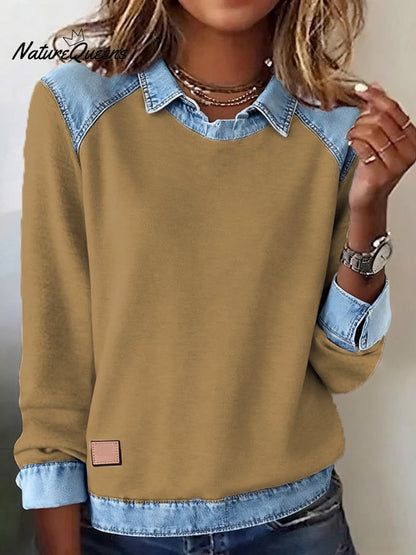 Casual Lapel Denim Stitching Pullover Sweatshirt