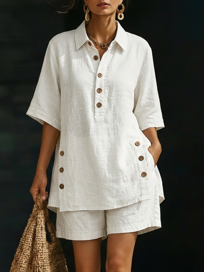 Linen Shirt and Shorts Two-Piece Set with Casual Cozy Loose-Fitting Button-Up Summer Outfit