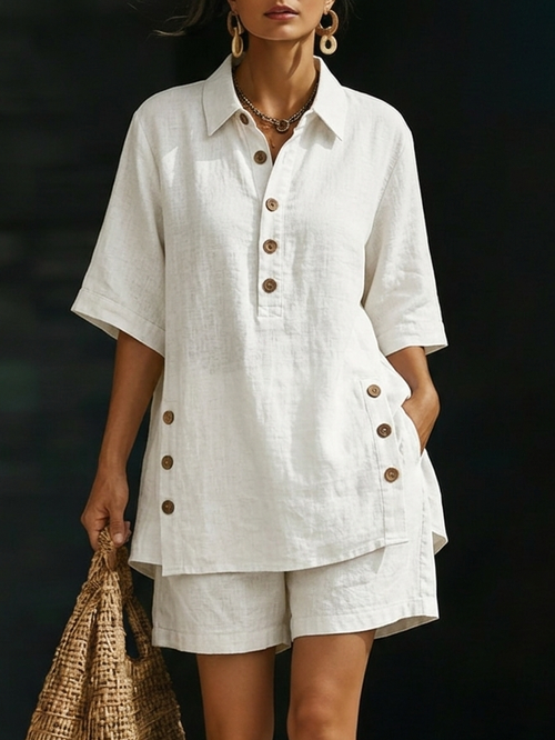 Linen Shirt and Shorts Two-Piece Set with Casual Cozy Loose-Fitting Button-Up Summer Outfit