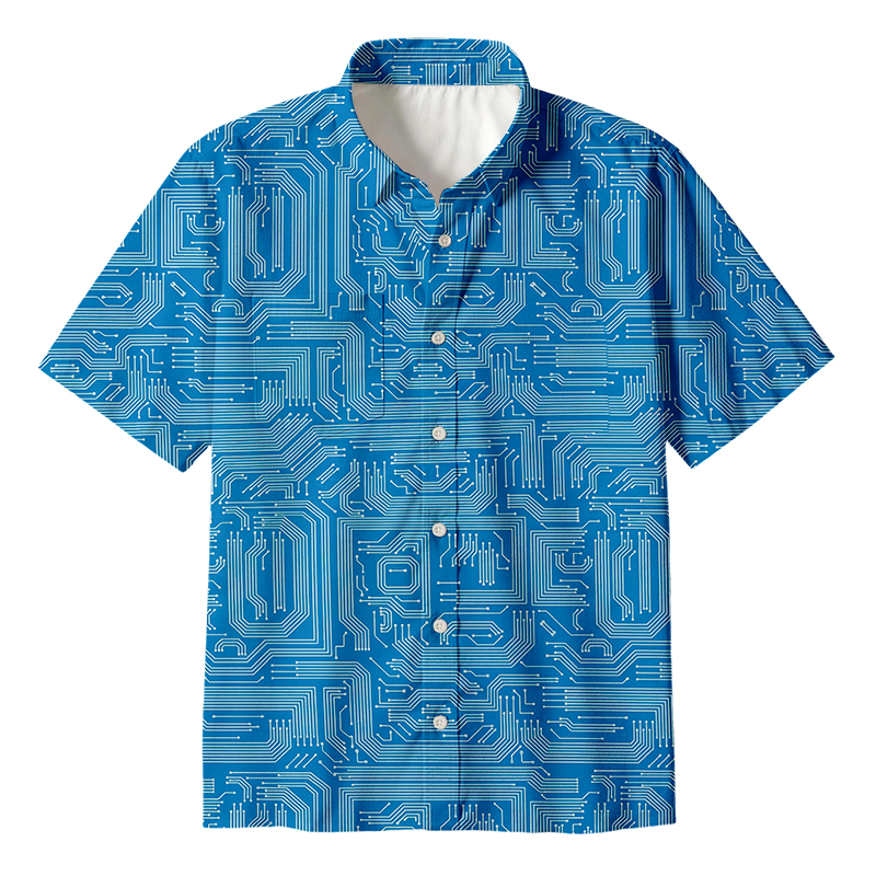 Blue Computer Circuit Button Up Pocket Shirt