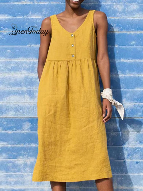 Solid Color Loose Elegant Casual Cotton and Linen Sleeveless Dress