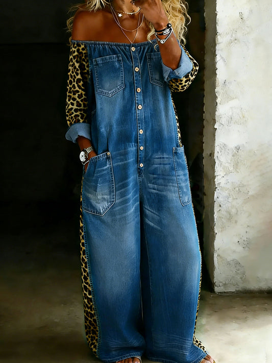 Cotton One Piece Off-Shoulder Denim Jumpsuit