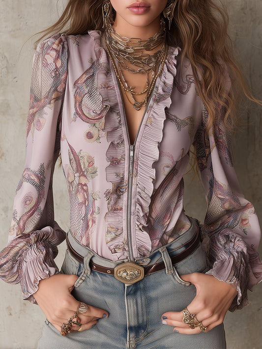 Vintage-Style Snake Print Satin Blouse with Ruffles