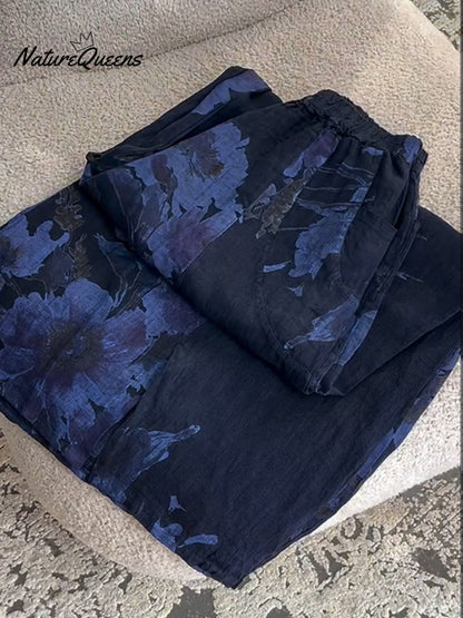 Vintage Floral Print Casual Cotton and Linen Pants