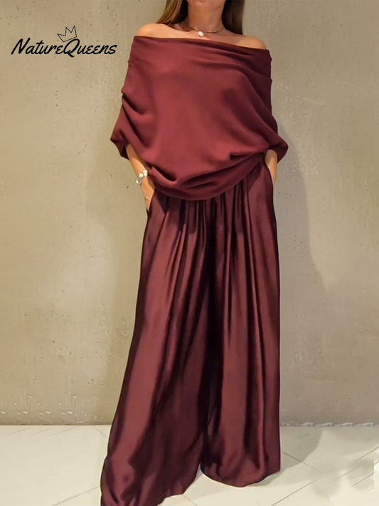 Elegant Off-Shoulder Sweater and Satin Wide-Leg Pants Two-Piece Suit