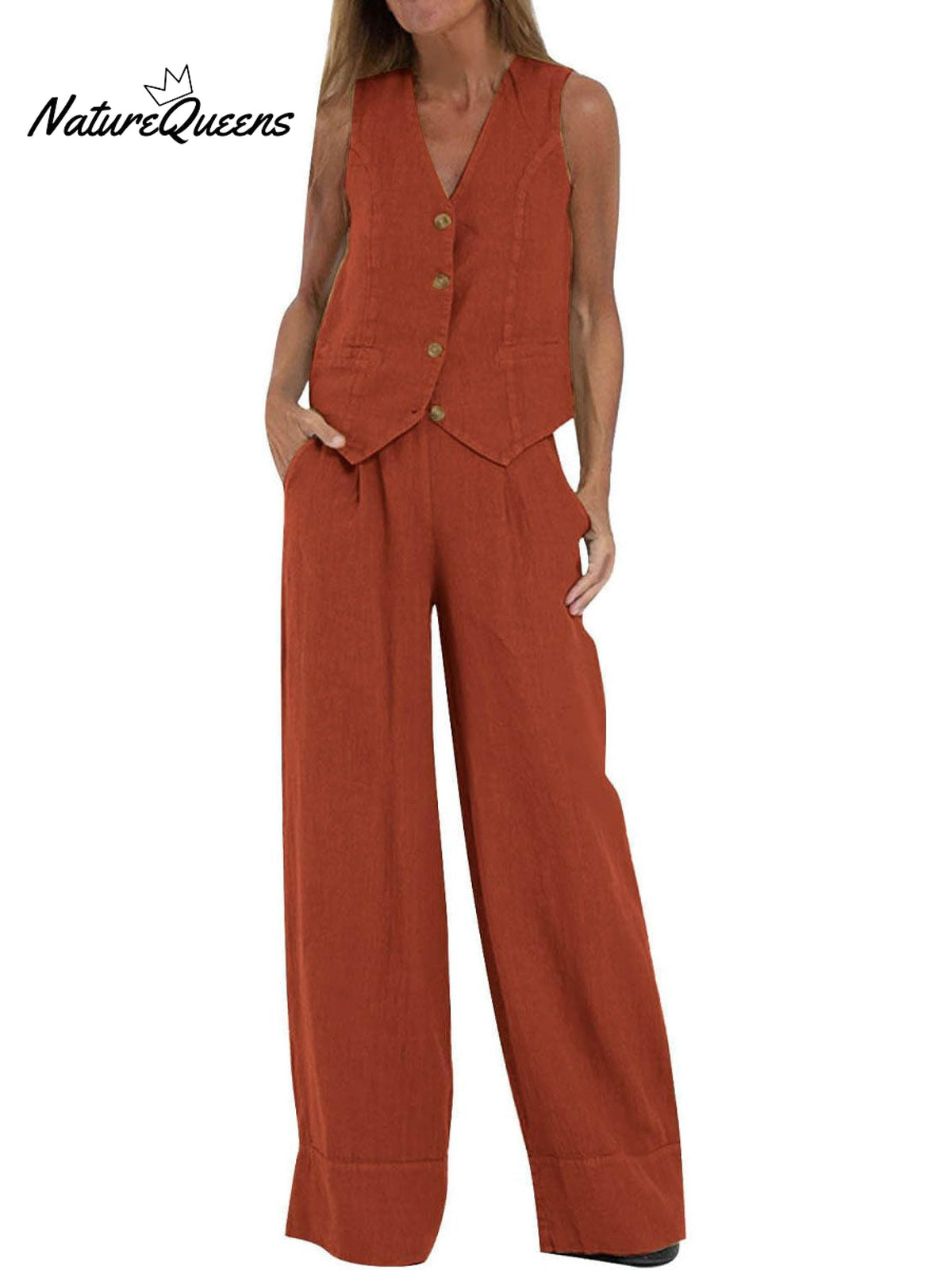 Fashion Solid Color Vest Trousers Collage Stitching Cotton and Linen Casual Suit