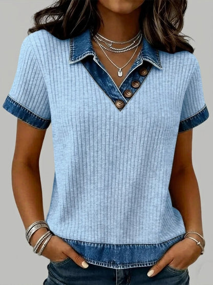 Casual Patchwork Denim Short-Sleeved Knit Top